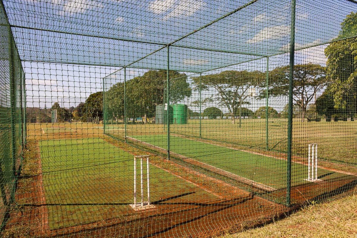 Cricket practice batting bowling nets with astro turf pitch .
