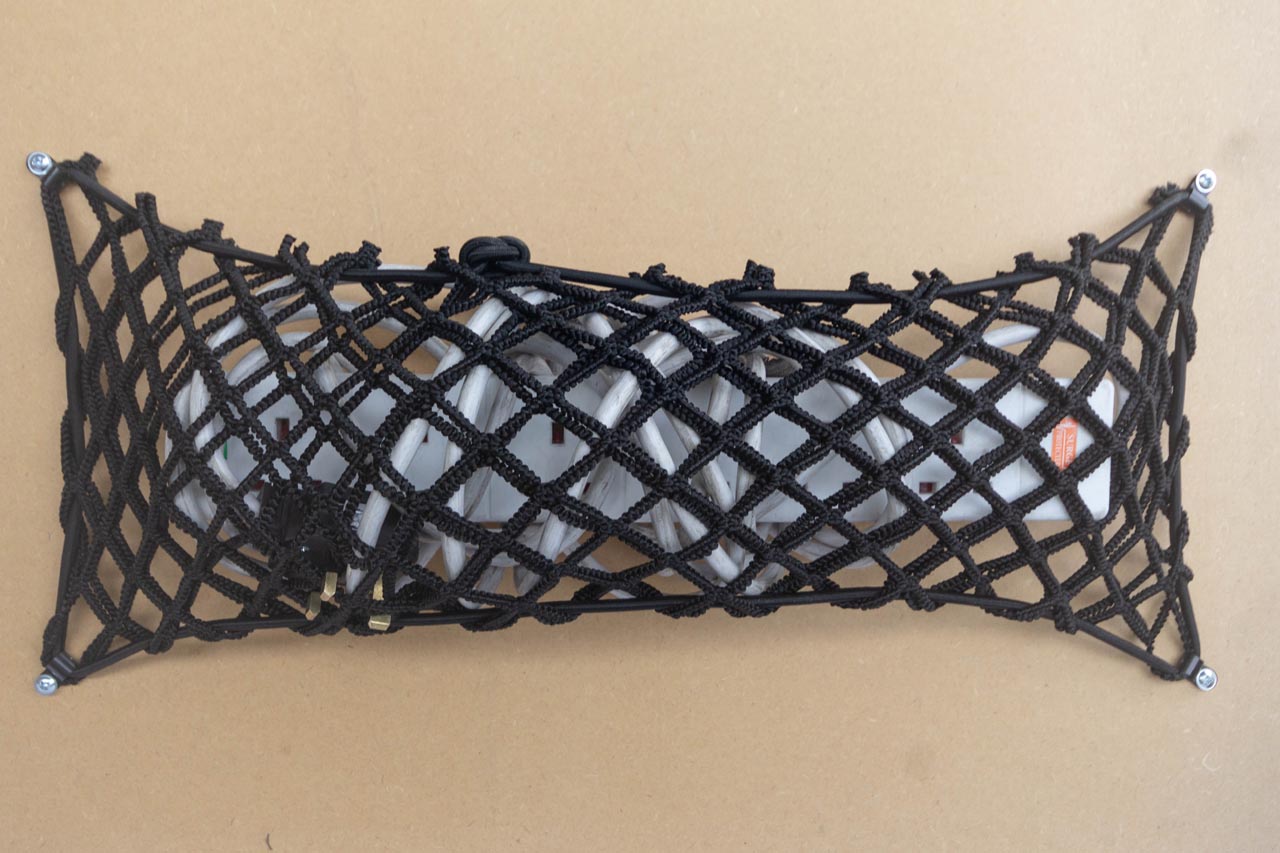 Custom double layer elastic net pouch for storage of an extension cord