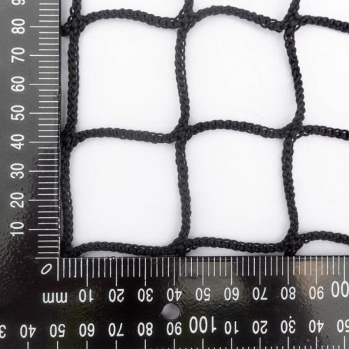 Black knotless netting with horizontal and vertical rulers showing mesh size of 40mm