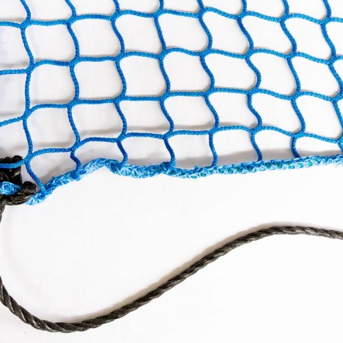 Blue knotless heavy duty cargo net with reinforced edging and white tie cords